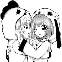  2girls :d akaza_akari animal_costume calligraphy_brush_(medium) chicken_costume commentary_request dog_costume greyscale monochrome multiple_girls nib_pen_(medium) oomuro_sakurako open_mouth photoshop_(medium) smile temi_(konagona_moe) traditional_media wince yuru_yuri 