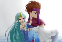  1boy aqua_hair armlet bare_shoulders bracelet brown_eyes brown_hair capelet carrying commentary_request dress evil_grin evil_smile female gown grin headband jewelry just_as_planned_(meme) long_hair luca_(seiken_densetsu) meme pointy_ears princess_carry randi_(seiken_densetsu_2) red_eyes sakana_(syake) seiken_densetsu seiken_densetsu_2 smile tiara very_long_hair 