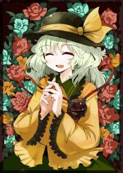  :d aqua_flower aqua_rose bad_id bad_pixiv_id blush closed_eyes commentary_request eyeball female floral_background flower frilled_sleeves frills green_hair grey_hair hands_up hat komeiji_koishi long_hair long_sleeves open_mouth orange_flower orange_rose own_hands_together red_flower red_rose ribbon rose rose_background skirt smile solo third_eye touhou uma_(ninjin_misaki) wide_sleeves 