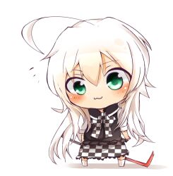  :3 ahoge blush bow checkered_clothes checkered_skirt chibi commentary_request crowbar female green_eyes haiyore!_nyaruko-san holding holding_crowbar long_hair nyarlathotep_(nyaruko-san) skirt solo tosura-ayato white_background white_hair 