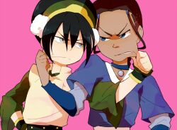  2girls avatar:_the_last_airbender avatar_legends black_hair blue_eyes brown_hair cheek_pull chinese_clothes commentary dark-skinned_female dark_skin grey_eyes hair_bun katara knknknk multiple_girls short_hair single_hair_bun toph_bei_fong 