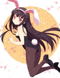  animal_ears ass bare_shoulders black_hair bow bowtie breasts brown_hair brown_pantyhose commentary_request detached_collar fake_animal_ears female high_heels houraisan_kaguya leotard long_hair looking_at_viewer looking_back pantyhose playboy_bunny rabbit_ears rabbit_tail red_eyes shoes small_breasts smile solo star-shaped_pupils star_(symbol) symbol-shaped_pupils tail touhou very_long_hair yamasan 