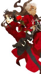  1boy archer_(fate) bad_id bad_pixiv_id blue_eyes brown_hair dark-skinned_male dark_skin fate/stay_night fate_(series) female flower kuroihato long_hair red_flower red_rose rose thighhighs thorns tohsaka_rin tohsaka_tokiomi two_side_up white_hair 