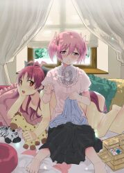  bad_id bad_pixiv_id banned_artist bare_legs bare_shoulders barefoot bow curtains hairbow holding_needle kaname_madoka kawaguchi_yukihiro long_hair lying mahou_shoujo_madoka_magica multiple_girls needle oerba_yun_fang panties pink_eyes pink_hair ponytail reclining red_eyes red_hair sakura_kyouko sewing sewing_kit short_twintails sitting stuffed_animal stuffed_toy topless twintails underwear white_panties 