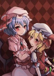  2girls argyle_background ascot bat_wings brooch collared_shirt commentary_request cowboy_shot flandre_scarlet frilled_ascot frilled_shirt_collar frills grasspainter hair_between_eyes hand_on_another&#039;s_cheek hand_on_another&#039;s_face hands_on_another&#039;s_cheeks hands_on_another&#039;s_face hat hat_ribbon highres jewelry light_smile mob_cap multiple_girls open_mouth pink_headwear pink_shirt pink_skirt puffy_short_sleeves puffy_sleeves red_ascot red_eyes red_ribbon red_skirt red_vest red_wrist_cuffs remilia_scarlet ribbon ribbon-trimmed_headwear ribbon_trim shirt short_sleeves skirt slit_pupils touhou vest white_headwear white_shirt wings wrist_cuffs 