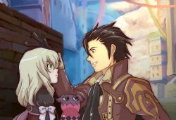  1boy alvin_(tales) ascot bad_id bad_pixiv_id blonde_hair brown_eyes brown_hair coat creature cropped_jacket elize_lutus female frown green_eyes hand_on_another&#039;s_head kugiko short_hair smile tales_of_(series) tales_of_xillia teepo_(tales) 