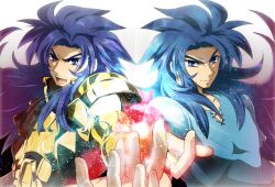  2boys armor blue_eyes blue_hair brothers cimeri commentary_request gemini_kanon gemini_saga gold_armor gold_saint long_hair looking_at_viewer male_focus multiple_boys saint_seiya siblings twins 