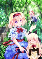  alice_margatroid blonde_hair blush book bow capelet commentary_request doll female hairband hairbow hourai_doll house long_hair purple_eyes red_eyes shanghai_doll short_hair solo touhou tree yagami_shuuichi 