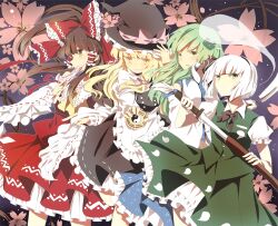  4girls apron ascot bad_id bad_pixiv_id between_fingers black_dress blonde_hair bow braid brown_eyes brown_hair cherry_blossoms covering_own_mouth detached_sleeves dress frog_hair_ornament gohei green_eyes green_hair grey_hair hair_ornament hair_ribbon hair_tubes hairbow hakurei_reimu hand_on_headwear hat hat_ribbon holding katana kirisame_marisa kmkr kochiya_sanae konpaku_youmu konpaku_youmu_(ghost) long_hair mini-hakkero multiple_girls ofuda open_mouth ribbon sheath shirt short_hair skirt skirt_set smile snake spell_card sword ten_desires touhou unsheathing vest waist_apron weapon white_hair witch_hat yellow_eyes 