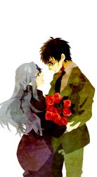  1boy bad_id bad_pixiv_id black_hair blue_eyes blue_hair bouquet braid couple dress fate/stay_night fate_(series) female flower formal glasses husband_and_wife kuroihato kuzuki_souichirou long_hair medea_(fate) pointy_ears red_flower red_rose rose straight suit 