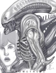  alien alien_(series) bad_id bad_pixiv_id elizabeth_shaw female helmet kusagami_style lips monochrome monster open_mouth photoshop_(medium) prometheus_(movie) realistic science_fiction spacesuit xenomorph 