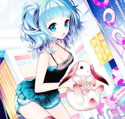  animal aqua_hair blue_eyes blue_hair breasts bunny cleavage curtains dutch_angle edited gradient_hair lowres multicolored_hair nardack open_mouth rabbit short_hair short_twintails shorts solo tank_top thighhighs twintails twintails 