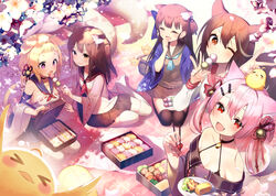  5girls :d :o ahoge animal_ear_fluff animal_ears ariake_(azur_lane) asagi_yuna ascot azur_lane bare_shoulders bell bento bird black_skirt black_thighhighs blonde_hair bow breasts brown_eyes brown_hair brown_shirt brown_skirt cat_ears cat_girl cat_tail cherry_blossoms chick choker chopsticks closed_eyes collarbone commentary_request dango day detached_sleeves feeding flower food fox_tail hair_ornament hairbow hairclip halterneck hanami haori hatsuharu_(azur_lane) hatsushimo_(azur_lane) holding holding_chopsticks holding_food holding_plate japanese_clothes jingle_bell kotori_photobomb long_hair long_sleeves looking_at_viewer manjuu_(azur_lane) mat medium_breasts medium_hair miniskirt multicolored_hair multiple_girls multiple_tails no_shoes oerba_yun_fang off-shoulder_shirt off_shoulder official_art one_eye_closed open_mouth outdoors petals picnic picnic_basket pink_hair plate pleated_skirt purple_eyes red_eyes revision rope sailor_collar sandwich sanshoku_dango seiza shirt sitting skirt smile streaked_hair sunlight tail thighhighs two_side_up w wagashi wakaba_(azur_lane) white_flower white_shirt white_thighhighs wide_sleeves yuugure_(azur_lane) zettai_ryouiki 