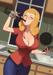  artist_name barleyshake beth_smith blue_pants blush bottle breasts cleavage collared_shirt commentary cowboy_shot desk drinking female frying_pan highres indoors kitchen large_breasts looking_at_viewer mature_female night night_sky pants red_shirt rick_and_morty salt salt_shaker shadow shirt short_sleeves signature sink sky solo star_(sky) starry_sky window wine_bottle 