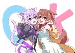  2girls :3 :d ahoge animal_collar animal_ear_fluff animal_ears bone_hair_ornament braid breasts brown_eyes brown_hair cat_ears cat_girl cat_tail cheek-to-cheek collar crop_top dog_ears dog_girl dog_tail dress hair_ornament hairclip heads_together holding_hands hololive hood hoodie inugami_korone inugami_korone_(1st_costume) jacket kagelantern long_hair looking_at_viewer medium_hair midriff multiple_girls navel nekomata_okayu nekomata_okayu_(1st_costume) oerba_yun_fang off_shoulder onigiri_print open_mouth paw_pose pose purple_eyes purple_hair slit_pupils small_breasts smile tail virtual_youtuber wristband 