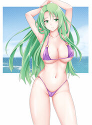  alternate_costume arms_up bikini breasts cameltoe cecilia_(fire_emblem) cleavage collarbone cowboy_shot female fire_emblem fire_emblem:_the_binding_blade green_hair groin halterneck ham_pon highres large_breasts long_hair looking_at_viewer navel o-ring o-ring_bikini o-ring_bottom o-ring_top ocean purple_bikini simple_background smile solo string_bikini swimsuit 