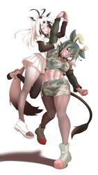  2girls abs absurdres animal_ears arabian_oryx_(kemono_friends) aurochs_(kemono_friends) bad_id bad_pixiv_id boots breasts camouflage camouflage_shirt camouflage_skirt commentary_request cow_ears cow_tail gazelle_ears gazelle_tail green_hair highres horns kemono_friends lifting_person midriff multicolored_hair multiple_girls navel necktie one_eye_closed shirt skirt spotted_hair tail toned toned_female white_hair yongo_ichifu 