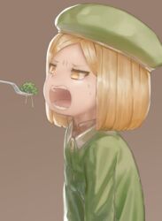  beret blonde_hair broccoli brown_background brown_eyes commentary fate/grand_order fate_(series) female forehead fork green_hat green_jacket hat highres jacket looking_away monosenbei open_mouth parsley parted_bangs paul_bunyan_(fate) sharp_teeth simple_background solo sweat teeth upper_body v-shaped_eyebrows 