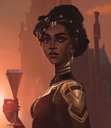  absurdres arcane:_league_of_legends armor artist_name breasts brown_dress brown_eyes brown_hair brown_sky building closed_mouth cloud dark-skinned_female dark_skin dreadlocks dress earrings english_text female gold_armor hair_ornament hand_up highres holding jason8818024 jewelry league_of_legends medium_breasts mel_medarda outdoors photo-referenced ring short_hair shoulder_plates smile solo upper_body very_dark_skin 