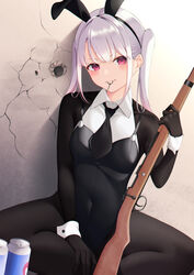  animal_ears bad_id bad_pixiv_id black_gloves black_necktie black_pantyhose blush breasts can closed_mouth collared_shirt commentary_request covered_navel fake_animal_ears female gloves gun highres holding holding_gun holding_weapon indian_style leotard long_hair long_sleeves looking_at_viewer mouth_hold necktie pantyhose pink_eyes playboy_bunny playerunknown&#039;s_battlegrounds rabbit_ears rifle shirafuji_ene shirt short_necktie sitting smile solo twintails weapon wing_collar wrist_cuffs 