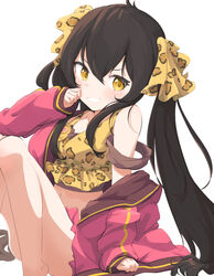  absurdres animal_print black_hair blush camisole female hair_ribbon highres idolmaster idolmaster_cinderella_girls jacket leopard_print long_hair looking_at_viewer matoba_risa navel nimomin off_shoulder open_clothes open_jacket pink_jacket print_camisole print_ribbon ribbon sitting skirt sleeves_past_wrists smile solo twintails very_long_hair white_background yellow_eyes 