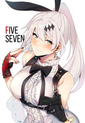  arm_behind_back asakawa_(outeq) bare_shoulders blush bow bowtie breasts brown_eyes character_name cleavage commentary crescent crescent_earrings earrings female fingerless_gloves five-seven_(girls&#039;_frontline) fn_five-seven girls&#039;_frontline gloves gun hair_ornament hair_ribbon handgun highres jewelry large_breasts long_hair looking_at_viewer making-of_available playing_with_own_hair ponytail ribbon sidelocks simple_background smile solo very_long_hair weapon white_hair 