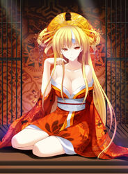  bare_shoulders bars blonde_hair breasts chain_chronicle cleavage collarbone commentary_request female headdress japanese_clothes kaminatsuki_(chain_chronicle) kimono large_breasts long_hair obi orange_kimono photoshop_(medium) red_eyes sash sitting solo takepon very_long_hair yokozuwari 