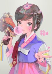  alternate_hairstyle artist_name blowing_bubbles braid brown_eyes brown_hair charm_(object) chewing_gum chkuyomi commentary_request d.va_(overwatch) dress eyelashes facial_mark female finger_on_trigger fingernails floral_print grey_background gun hair_ornament hair_ribbon hanbok hand_up handgun holding holding_gun holding_weapon korean_clothes korean_commentary lips long_fingernails long_hair long_sleeves looking_at_viewer nail_polish official_alternate_costume overwatch overwatch_1 palanquin_d.va pink_lips pink_nails pink_skirt rabbit_hair_ornament red_ribbon ribbon sidelocks signature single_braid skirt skirt_set solo striped_sleeves swept_bangs traditional_clothes upper_body v weapon whisker_markings 