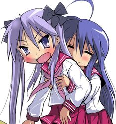  2girls :3 ahoge blue_eyes blue_hair blush closed_eyes commentary_request grabbing grabbing_another&#039;s_breast groping hiiragi_kagami hug hug_from_behind izumi_konata long_hair lucky_star mole mole_under_eye multiple_girls neckerchief pink_neckerchief purple_hair ribbon ryouou_school_uniform school_uniform serafuku simple_background t2 twintails white_background yuri 