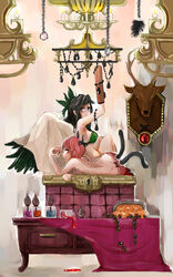  2girls arm_up bad_id bad_pixiv_id bag black_eyes black_hair black_wings bra breasts candle cape chains chandelier deer deer_head gem green_bra handbag highres kaenbyou_rin looking_at_viewer maaru_(akira428) medium_breasts multiple_girls multiple_tails panties photoshop_(medium) red_eyes red_hair red_panties reiuji_utsuho sideboob tail topless touhou trophy_head underwear wings 