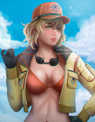  baseball_cap bikini black_gloves blonde_hair blue_sky breasts carlos_vasseur cidney_aurum cleavage cloud cropped_jacket day eyebrows eyelashes final_fantasy final_fantasy_xv gloves goggles goggles_around_neck green_eyes hand_on_hip hat jacket lips medium_breasts navel nose red_bikini short_hair sky solo strap_pull swimsuit watermark web_address yellow_jacket 