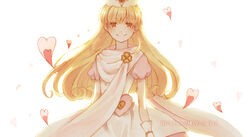  blonde_hair commentary_request cosmic_(crownclowncosmic) dress female flower_brooch gloves hat heart long_hair moriya_ririka nurse_angel nurse_angel_ririka_sos photoshop_(medium) simple_background smile solo tears translated white_dress white_gloves yellow_eyes 