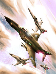  ace_combat ace_combat_5 afterburner aim-9_sidewinder aircraft airplane cloud commentary_request contrail dutch_angle f-4_phantom_ii f-5_freedom_fighter fighter_jet flying highres jet military military_vehicle missile no_humans ocean pilot signature sky sun vehicle_focus zephyr164 