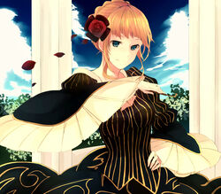  beatrice_(umineko) blonde_hair blue_eyes commentary_request dress female flower hair_bun hair_flower hair_ornament hand_on_own_hip highres kiseru kusamoto_sora petals pillar rose single_hair_bun sky smile smoking_pipe solo tree umineko_no_naku_koro_ni wide_sleeves 