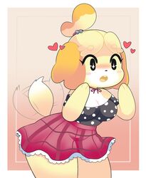  3_fingers absurd_res accessory animal_crossing anthro bell big_breasts black_clothing black_shirt black_topwear blonde_hair bottomwear bow_(feature) breasts canid canine canis cleavage clothed clothing digital_media_(artwork) domestic_dog female fingers fur furgonomics hair hair_accessory hair_bell heart_symbol hi_res isabelle_(animal_crossing) jewelry mammal nintendo onigiri_punch open_mouth pattern_clothing pattern_topwear shih_tzu shirt skirt solo spots spotted_clothing spotted_topwear string_bow tail tail_motion tail_through_skirt tailwag thick_thighs topwear toy_dog yellow_body yellow_fur 