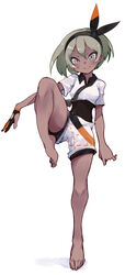  barefoot bea_(pokemon) black_bodysuit black_hairband blush bodysuit bodysuit_under_clothes bow_hairband closed_mouth collared_shirt commentary_request damenano104 dark-skinned_female dark_skin feet female full_body gloves grey_eyes grey_hair hairband highres knees leg_up partially_fingerless_gloves pokemon pokemon_swsh print_shorts shirt short_hair short_sleeves shorts single_glove smile solo standing standing_on_one_leg toes white_background 