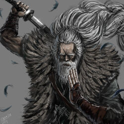  1boy arm_up artist_name beard black_kimono closed_mouth commentary_request facial_hair feather_trim feathers great_shinobi_owl grey_background grey_hair hand_on_own_chin holding holding_sword holding_weapon japanese_clothes katana kimono long_hair long_sleeves male_focus ogamiya_jin old old_man ponytail scar scar_across_eye scar_on_face sekiro:_shadows_die_twice sheath simple_background solo sword unsheathing upper_body very_long_hair weapon weapon_on_back wrinkled_skin 