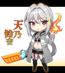  amano_suzune arm_at_side black_footwear black_shirt black_shorts boots character_name chibi choker closed_mouth collared_jacket crop_top expressionless female fire full_body garter_straps gem gradient_background grey_hair grey_jacket hair_between_eyes hand_up highres holding holding_weapon jacket jewelry letterboxed light_blush long_hair long_sleeves looking_at_viewer low_ponytail magical_girl mahou_shoujo_madoka_magica mahou_shoujo_suzune_magica midriff mole mole_under_eye navel necklace open_clothes open_jacket orange_background pendant pyrokinesis red_eyes red_gemstone sailor_jacket senri_gan shirt shorts sidelocks simple_background solo standing striped_choker thigh_boots very_long_hair weapon 