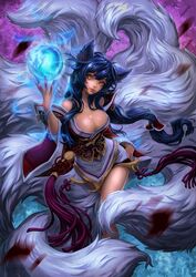  ahri animal_ears bare_shoulders black_hair breasts brown_eyes cleavage energy_ball felsus female female fox_ears fox_tail henry_aponte_puello large_breasts league_of_legends long_hair looking_at_viewer multiple_tails off_shoulder ponytail solo standing tail very_long_hair 