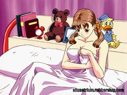  bangs bed bed_sheet bird blanket breasts brown_eyes brown_hair cleavage cool_devices covering duck fan_art female fujisawa_ayana hair_ribbon large_breasts looking_down naked_sheet ribbon shelf silusatrium solo stuffed_animal stuffed_toy teddy_bear twintails twintails watermark yellow_star 