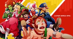  5boys bell blonde_hair bowser bowyer brown_hair collar commentary_request crossed_arms daisy doll_joints dress elbow_gloves female flower geno_(mario) gloves grin hat highres humanization jingle_bell joints mallow_(mario) mario mario_(series) multicolored_hair multiple_boys open_mouth otani_(gloria) princess_peach red_hair sharp_teeth smile smoking_pipe super_mario_rpg teeth two-tone_hair white_hair 