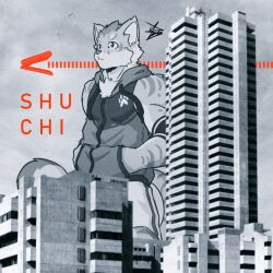  2024 anthro athletic athletic_anthro athletic_male biped building felid fur hand_in_pocket horosuruth looking_away macro male mammal nekojishi pantherine pockets shu-chi skyscraper sleeveless_hoodie solo standing studio_klondike tiger white_body white_fur 