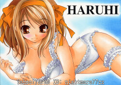  blush bra breasts brown_eyes brown_hair cleavage female hairband huge_breasts lace-trimmed_bra lace-trimmed_legwear lace-trimmed_panties lace_trim large_breasts lingerie looking_at_viewer marker_(medium) medium_hair navel nightmare77zx panties smile solo suzumiya_haruhi suzumiya_haruhi_no_yuuutsu traditional_media underwear underwear_only white_bra 