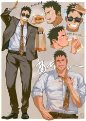  1boy absurdres alcohol artist_name bag beer belt black_eyes black_hair blush brand_name_imitation burger food hibino_kafka highres kaiju kaijuu_no._8 male_focus manly mature_male necktie nose_blush open_mouth pants shirt signature simple_background smirk solo sparkle spiked_hair suit sunglasses sweat sweatdrop sweaty_clothes teeth tori-desu 