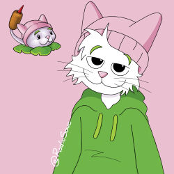  1:1 absurd_res anthro beanie black_eyes body_hair cattail_(pvz) chest_hair clothing domestic_cat electronic_arts elemental_creature eyebrows felid feline felis flora_fauna fur green_clothing green_sweater green_topwear hair happy hat headgear headwear hi_res male mammal pink_background pink_nose plant plants_vs._zombies popcap_games puffed_cheeks radiosonic94 reference_image simple_background smile smiley_face solo sweater topwear whiskers whiskers_black white_body white_fur white_skin 