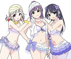  3girls ayase_eli ayase_eli_(cosplay) bandana bead_bracelet beads bikini bikini_skirt blue_eyes blue_hair blush bracelet breasts cleavage collarbone commentary_request cosplay cowboy_shot cropped_jacket dark_blue_hair diagonal_bangs flower flower_hairband frilled_bikini frills front-tie_bikini_top front-tie_top fur_choker gradient_bikini green_eyes grey_hair hair_ornament hair_scrunchie hairband hand_on_another&#039;s_shoulder high_ponytail jacket jewelry link!_like!_love_live! llkapital long_hair love_live! love_live!_school_idol_project low_twintails medium_breasts medium_hair mole mole_on_neck multicolored_hair multiple_girls murano_sayaka natsuiro_egao_de_1_2_jump! navel otomune_kozue pink_eyes ponytail purple_bikini purple_flower purple_hair purple_scrunchie red_hair scrunchie short_twintails sidelocks simple_background sleeveless sleeveless_jacket sonoda_umi sonoda_umi_(cosplay) stomach streaked_hair striped_bandana swimsuit tojo_nozomi tojo_nozomi_(cosplay) twintails virtual_youtuber white_background white_bandana white_hairband white_jacket yugiri_tsuzuri 