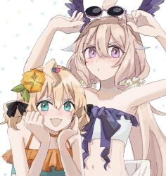  2girls :o adjusting_eyewear ahoge aqua_eyes armpits beads bikini blonde_hair blush enna_alouette eyewear_on_head flower frilled_bikini frills hair_beads hair_between_eyes hair_flower hair_ornament hands_on_own_cheeks hands_on_own_face head_wings highres long_hair looking_at_viewer low_twintails medium_hair millie_parfait momo_(mmym_3) multiple_girls navel nijisanji nijisanji_en open_mouth polka_dot polka_dot_background purple_eyes sunglasses swimsuit twintails very_long_hair virtual_youtuber wings 