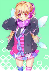  alternate_costume alternate_legwear american_flag_dress american_flag_legwear black_jacket black_necktie blonde_hair blush clownpiece commentary_request constellation cowboy_shot duplicate fairy_wings female green_background headphones highres jacket long_hair long_sleeves looking_at_viewer mouth_hold multicolored_hair necktie no_headwear pleated_skirt polka_dot polka_dot_scarf purple_scarf radiosity_(yousei) red_eyes scarf shirt skirt solo square streaked_hair striped_clothes striped_thighhighs thighhighs thighs touhou untucked_shirt very_long_hair vest white_shirt wings 