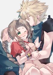  1boy aerith_gainsborough arestear0701 arm_around_shoulder arm_around_waist armor artist_name baggy_pants bangle belt black_choker blonde_hair blue_pants blue_shirt blush boots bracelet braid braided_ponytail breasts brown_belt brown_footwear brown_hair buttons choker cloud_strife couple cropped_jacket dress earrings female final_fantasy final_fantasy_vii final_fantasy_vii_rebirth final_fantasy_vii_remake green_eyes hair_between_eyes hair_ribbon hand_on_another&#039;s_arm hand_on_another&#039;s_chest hand_on_another&#039;s_shoulder highres jewelry kissing_hair light_blush long_dress long_hair medium_breasts one_eye_closed open_mouth pants parted_bangs parted_lips pink_dress pink_ribbon puffy_short_sleeves puffy_sleeves ribbon shirt short_hair short_sleeves shoulder_armor sidelocks single_braid single_earring single_shoulder_pad sleeveless sleeveless_turtleneck spiked_hair straight suspenders turtleneck wavy_hair white_background 