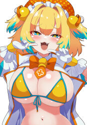  :3 :d absurdres bikini blonde_hair blue_eyes blue_hair blush bombergirl breasts cleavage clover-shaped_pupils female front-tie_bikini_top front-tie_top gloves highres igarashi_gozo jacket large_breasts looking_at_viewer multicolored_hair navel oerba_yun_fang open_mouth pine_(bombergirl) smile solo streaked_hair swimsuit symbol-shaped_pupils white_gloves white_jacket yellow_bikini 